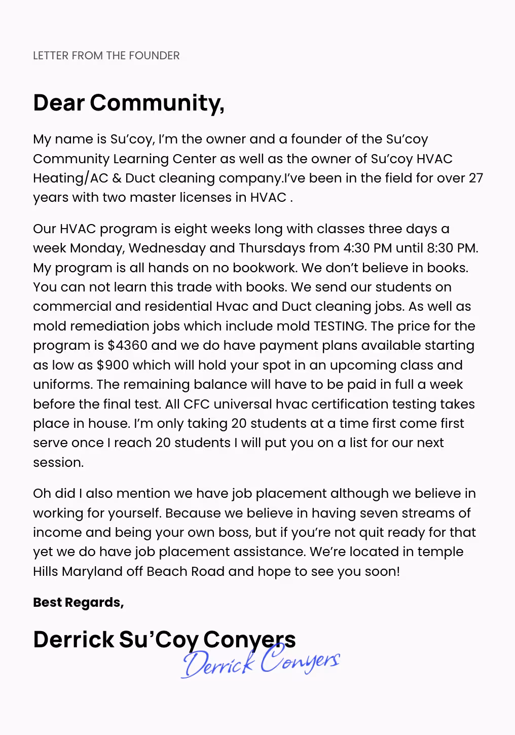 Letter from the founder page for the Su'Coy Community Learning Center HVAC program